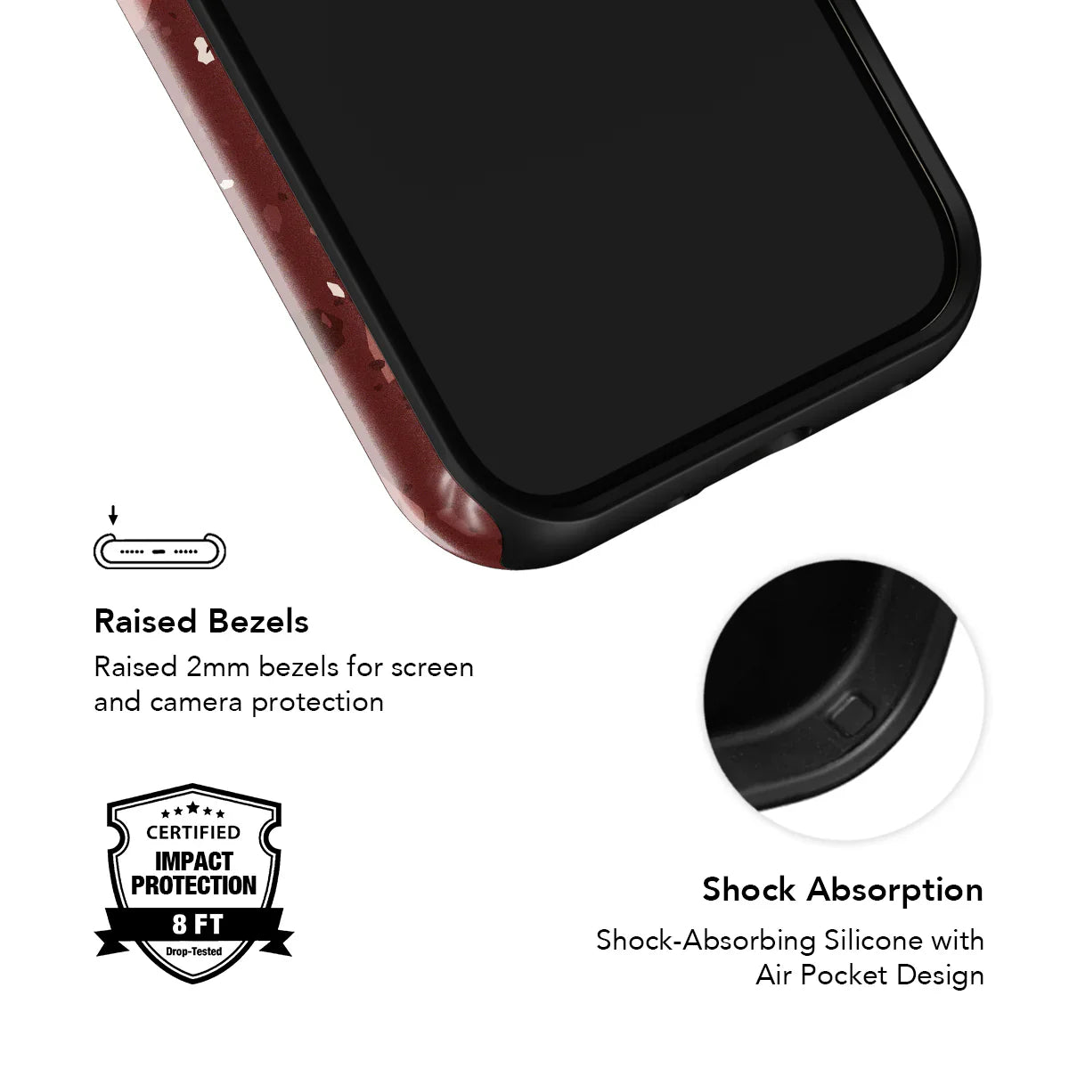 Close-up of raised bezels and shock-absorbing silicone with air pocket design for drop-tested impact protection in a wine red case.