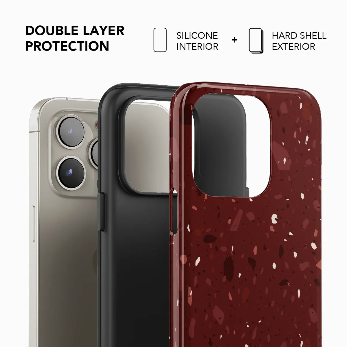 Double-layer protection phone case with silicone interior and hard shell exterior in burgundy terrazzo design for iPhone.