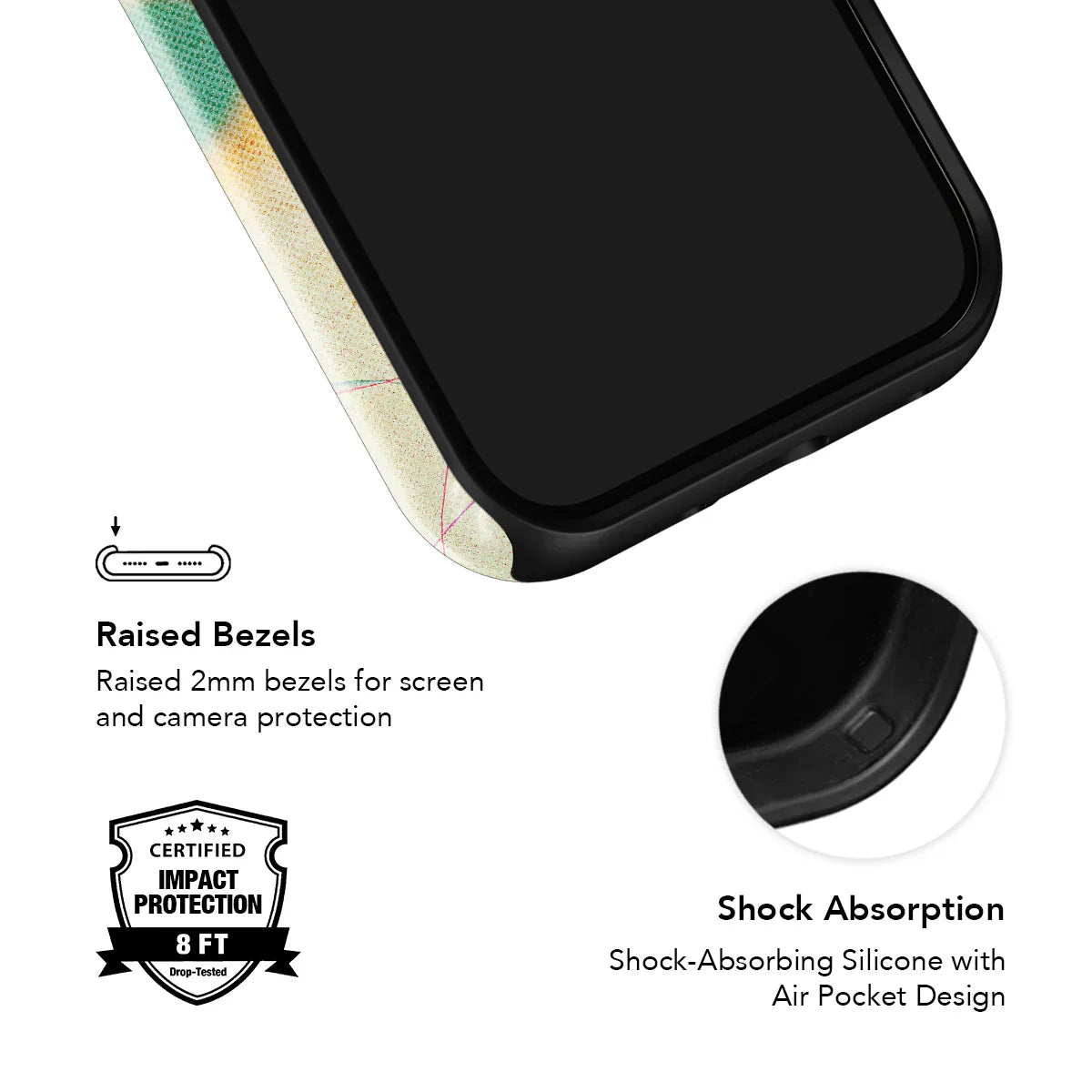 Shock-absorbing iPhone case with raised bezels and air pocket design, featuring bold red tones and abstract art by KELAB.