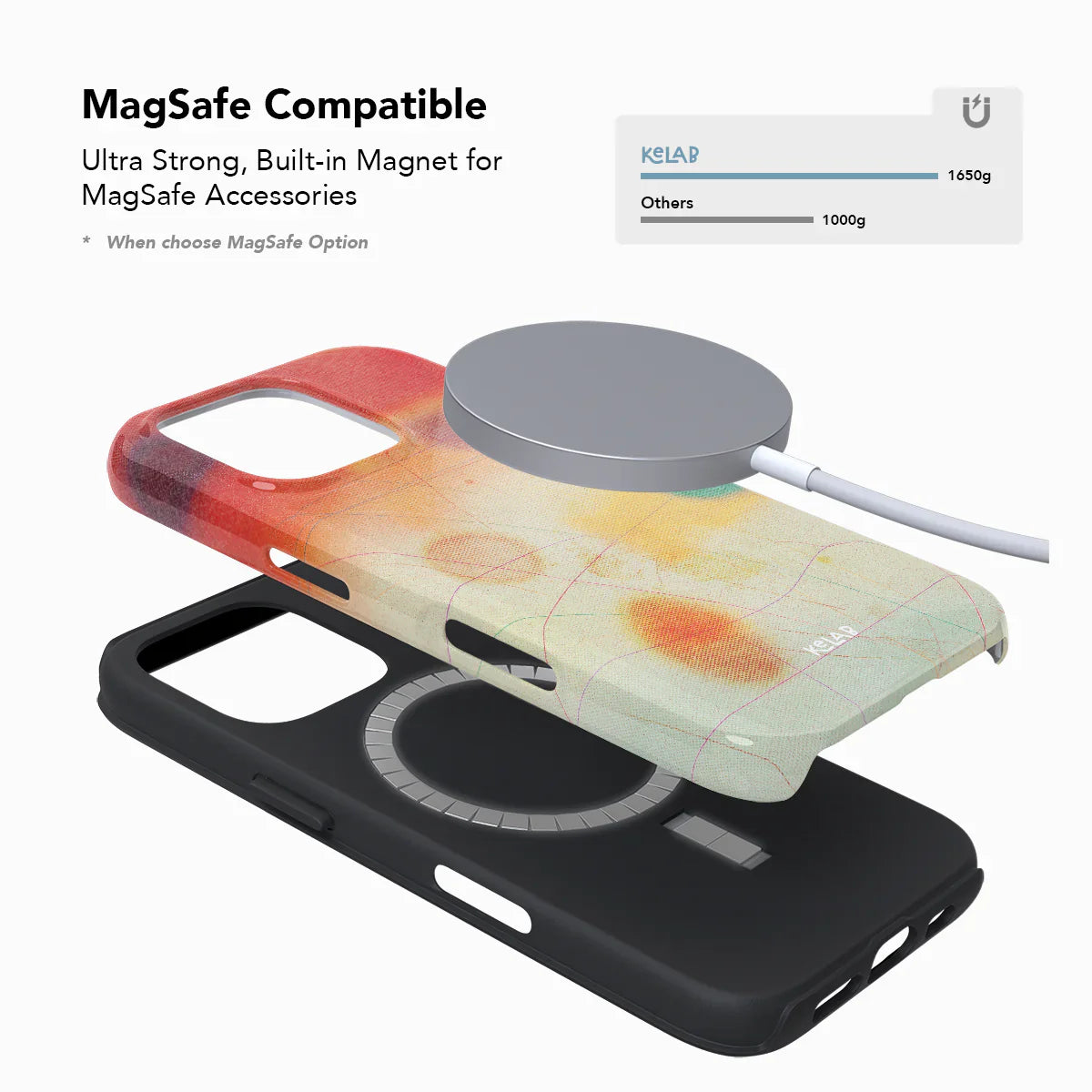 MagSafe compatible iPhone case with built-in magnet and colorful red gradient design, part of KELAB’s designer phone case line.