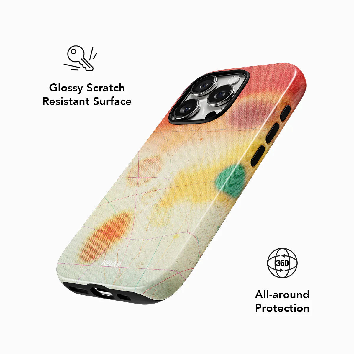 Glossy scratch-resistant iPhone case with 360° protection and vibrant red-yellow artistic design from KELAB’s Endorphins Series.