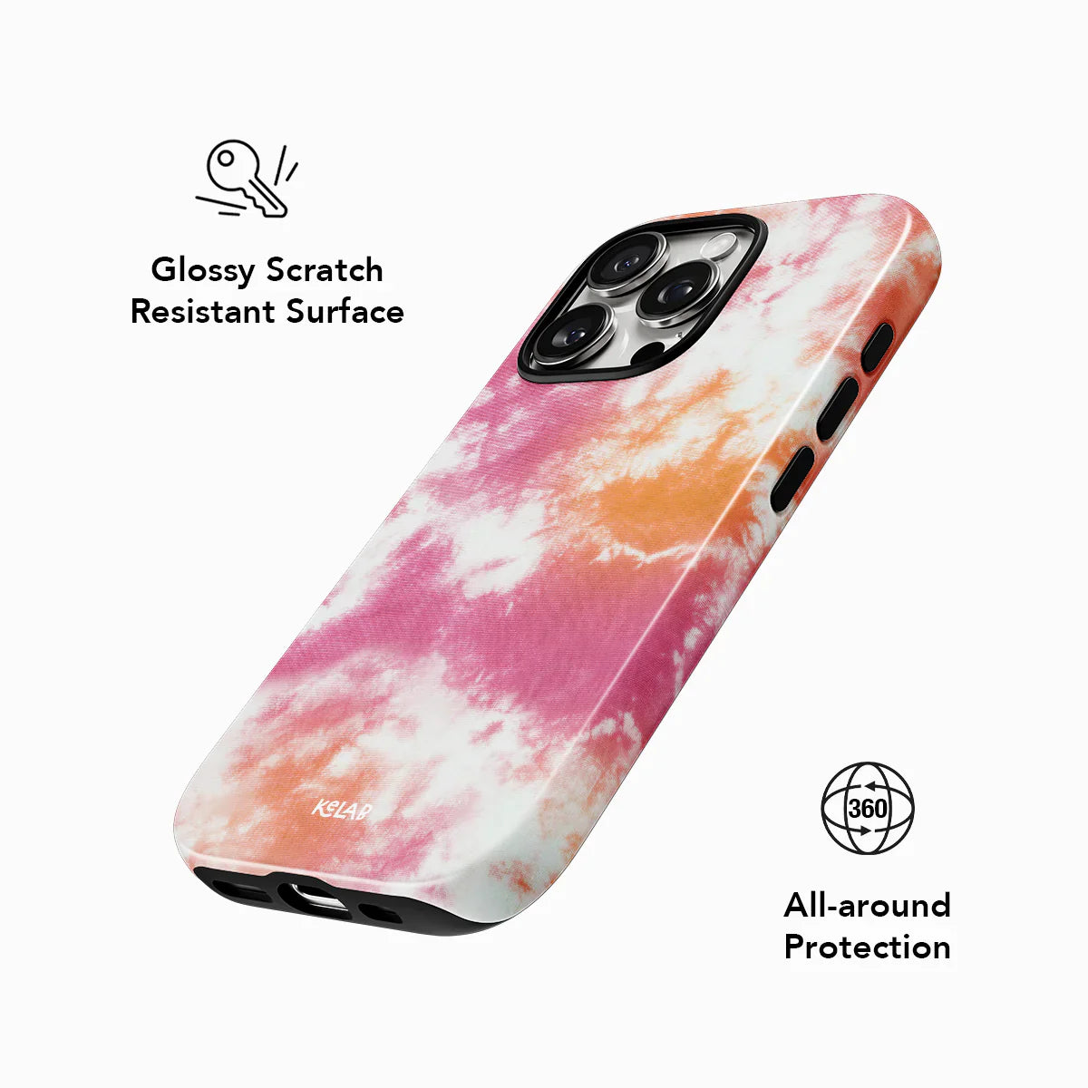 Phone case with tie-dye design on a white background, featuring text about scratch resistance and all-around protection.