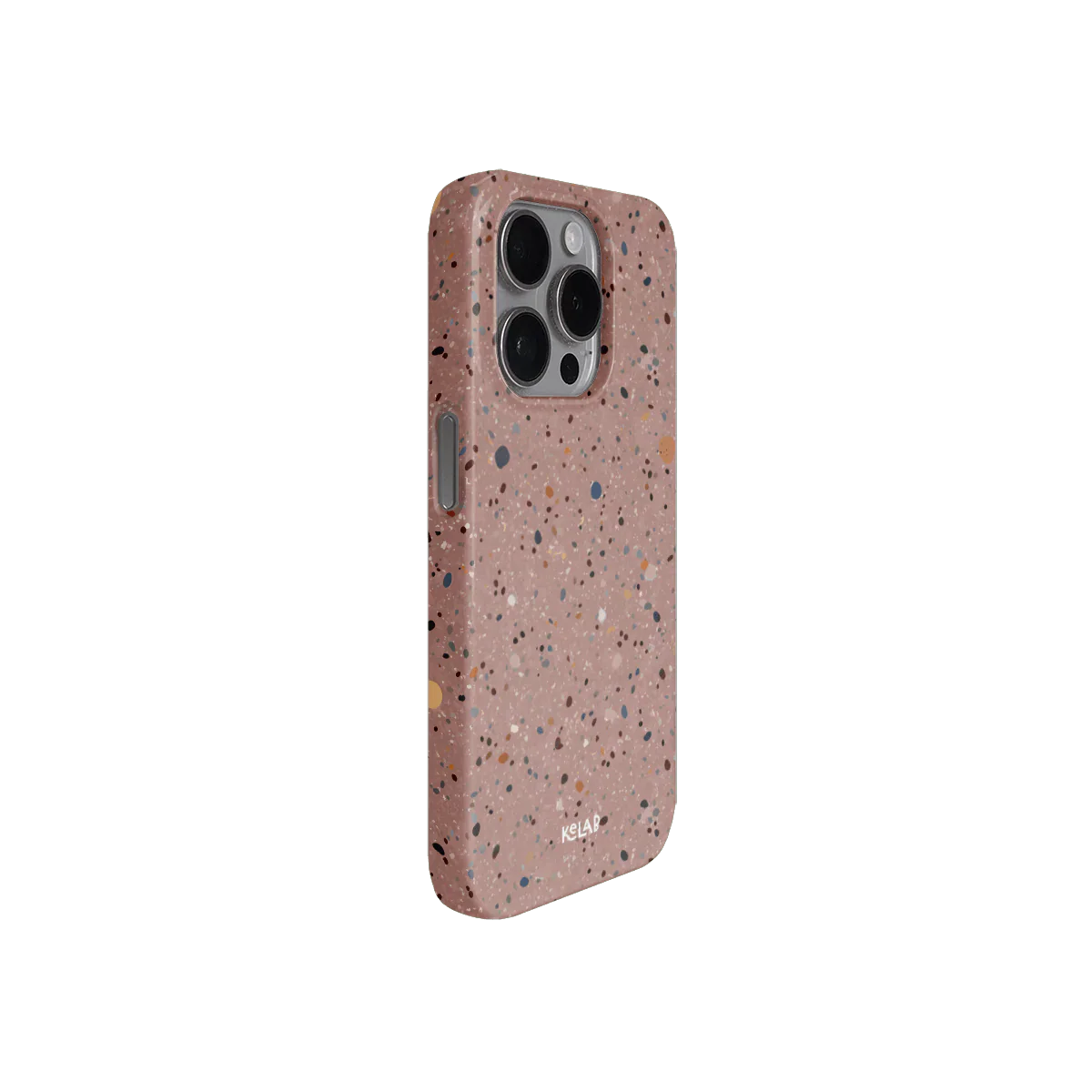 Angled view of minimalist pink paint splatter phone case with precise cutouts and gradient color, combining artistic flair with full protection.