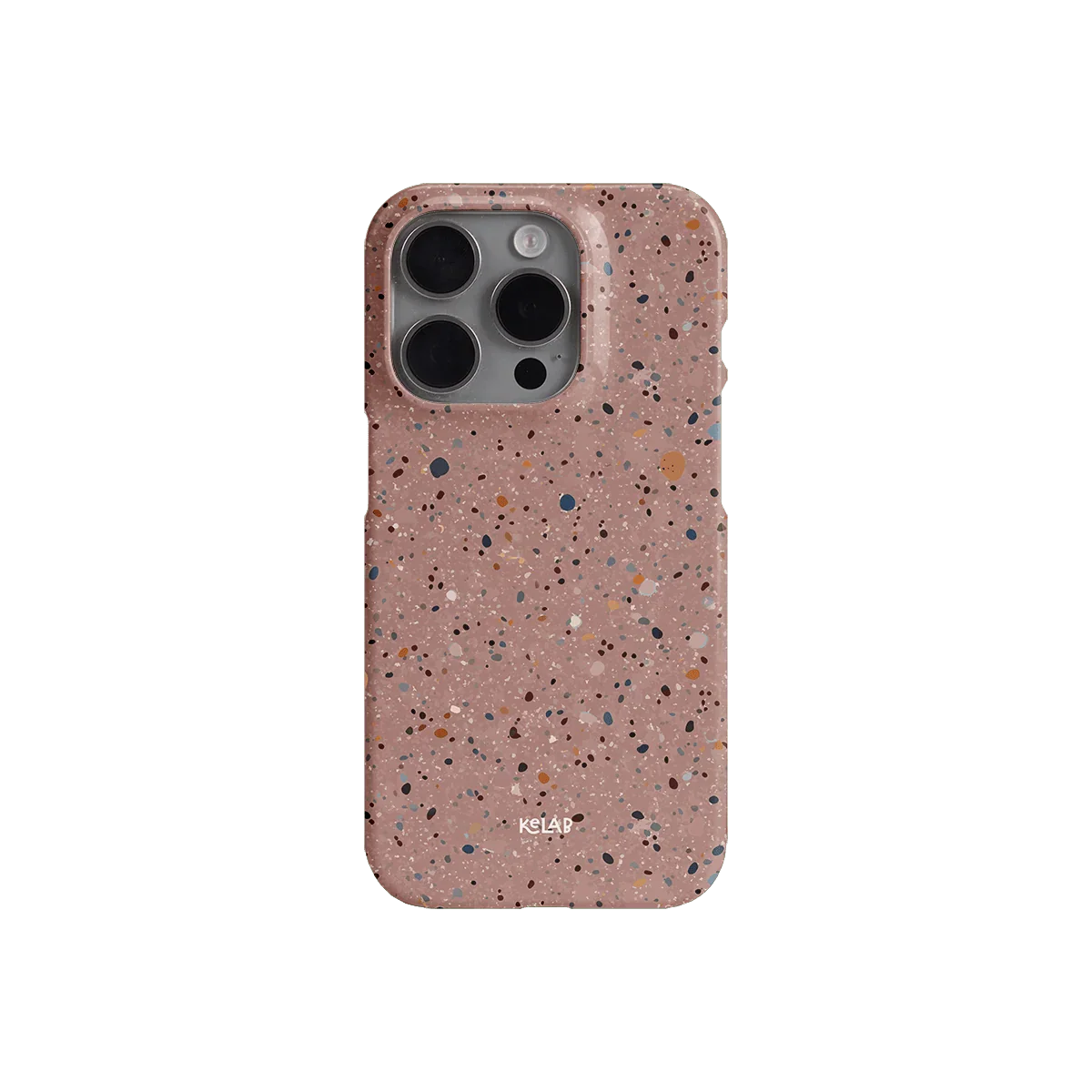Back view of KELAB’s pink paint splatter phone case with camera cutout, showcasing a minimalist speckled design on a rose clay background.