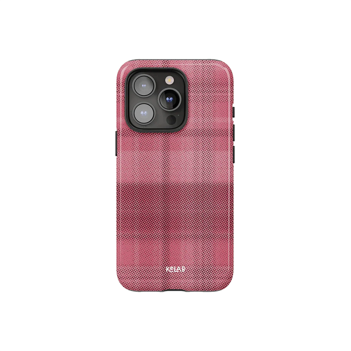Minimalist Phone Case with Pink Flannel Design by KELAB featuring a soft checkered pattern and camera cutout for iPhone. Stylish plaid protection.