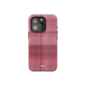 Minimalist Phone Case with Pink Flannel Design by KELAB featuring a soft checkered pattern and camera cutout for iPhone. Stylish plaid protection.
