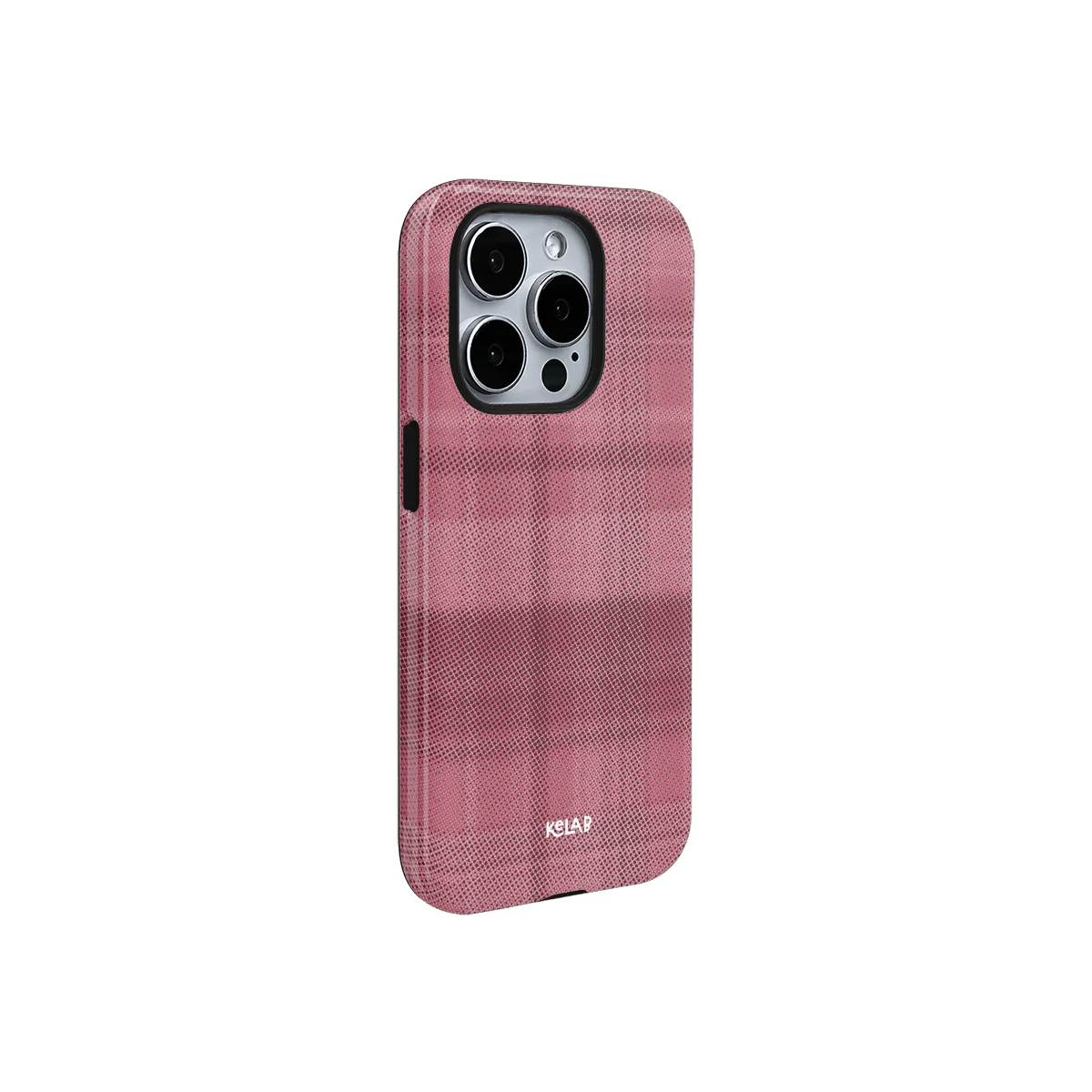 Rosé pink flannel minimalist phone case by KELAB shown at an angle, highlighting its subtle grid texture and slim profile for modern smartphones.