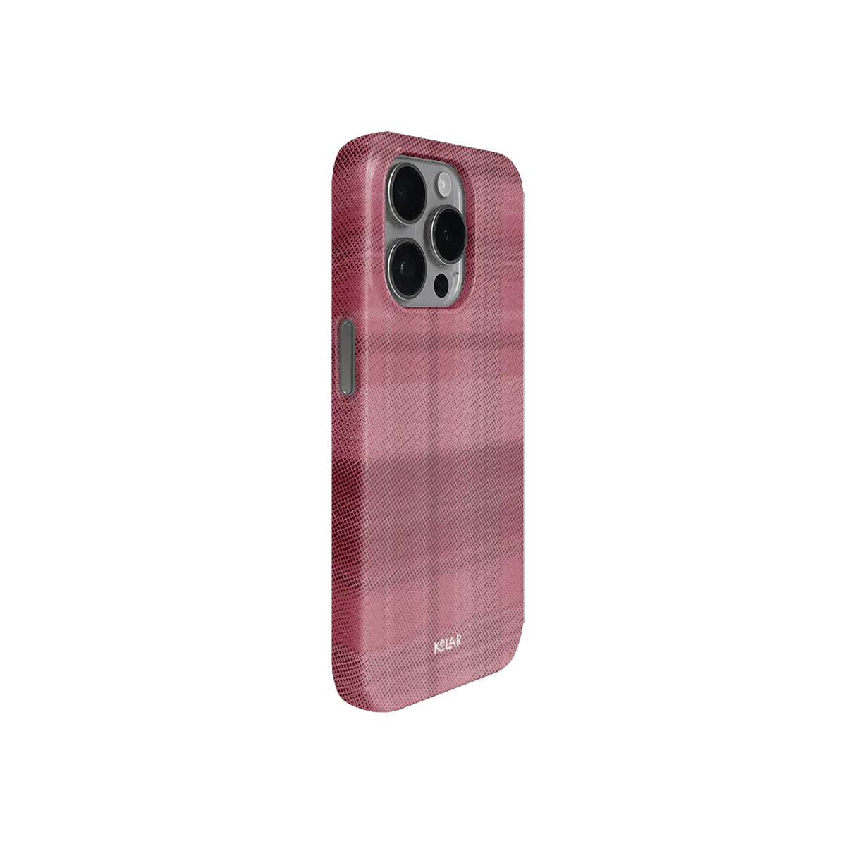 Angled view of KELAB pink flannel plaid phone case showing slim fit, muted tartan texture, and side button accessibility for modern smartphones.