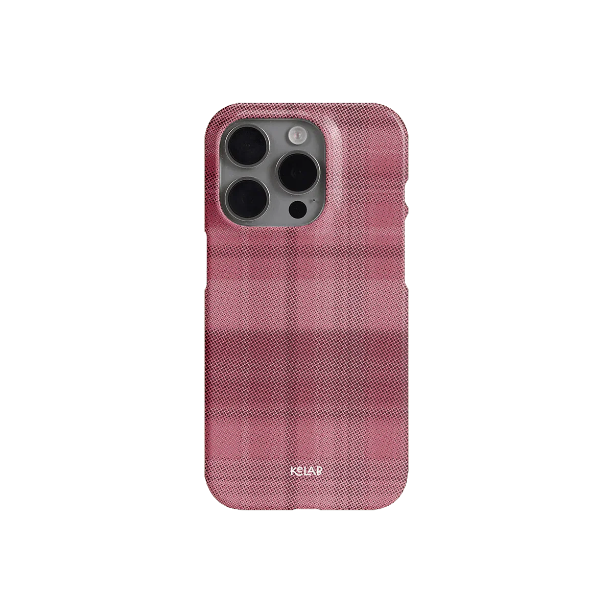 Back view of KELAB Rosé pink flannel minimalist phone case with checkered pattern, designed for iPhone with precise camera cutout.
