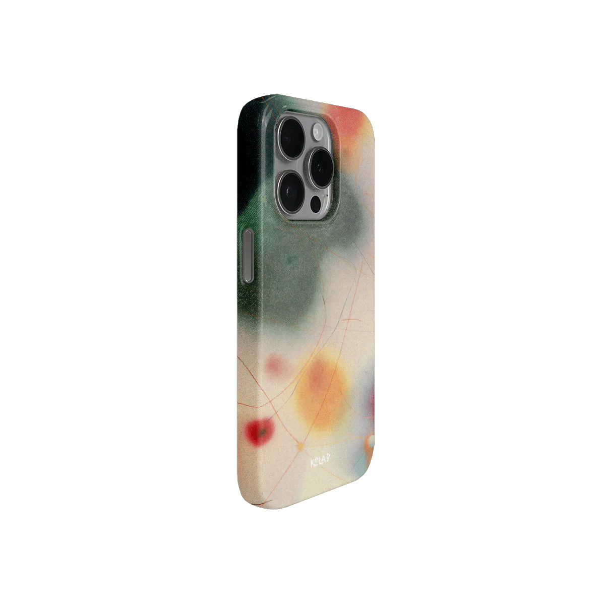 Side angle of colorful green iPhone case with bold abstract design and designer style, part of KELAB's Endorphins Series.