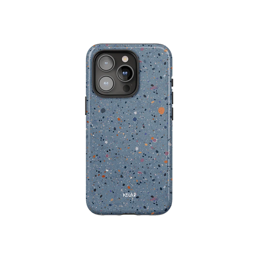 Paint Splatter Phone Case – Minimalist Blue Art Design by KELAB with multicolor speckles and camera cutout, perfect for modern smartphone protection.