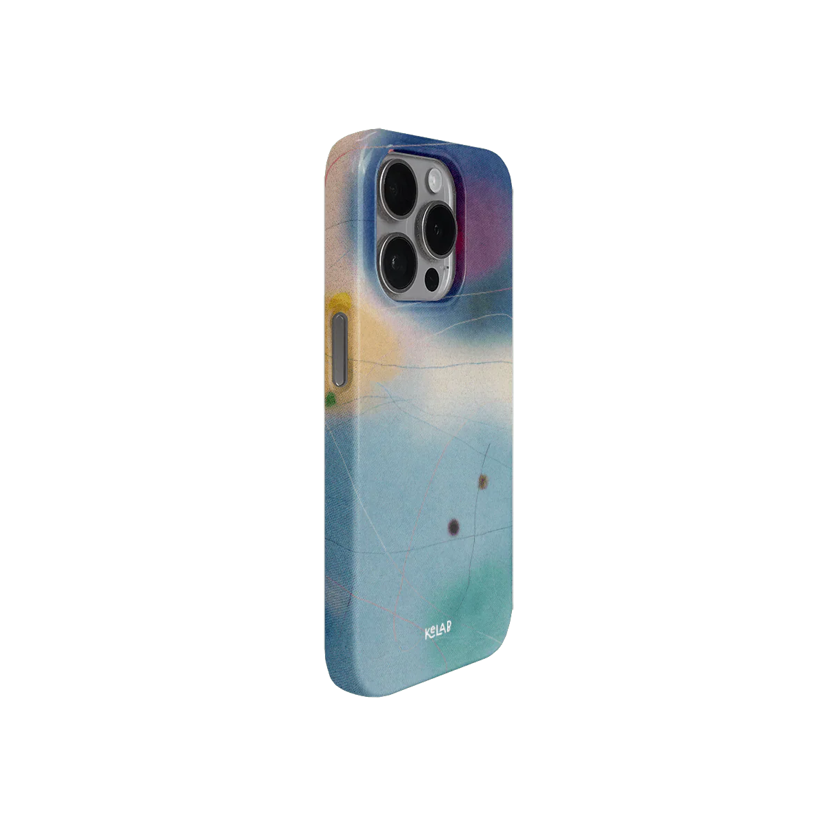Side angle of KELAB's designer blue phone case showing abstract gradient design and durable build for iPhone protection.