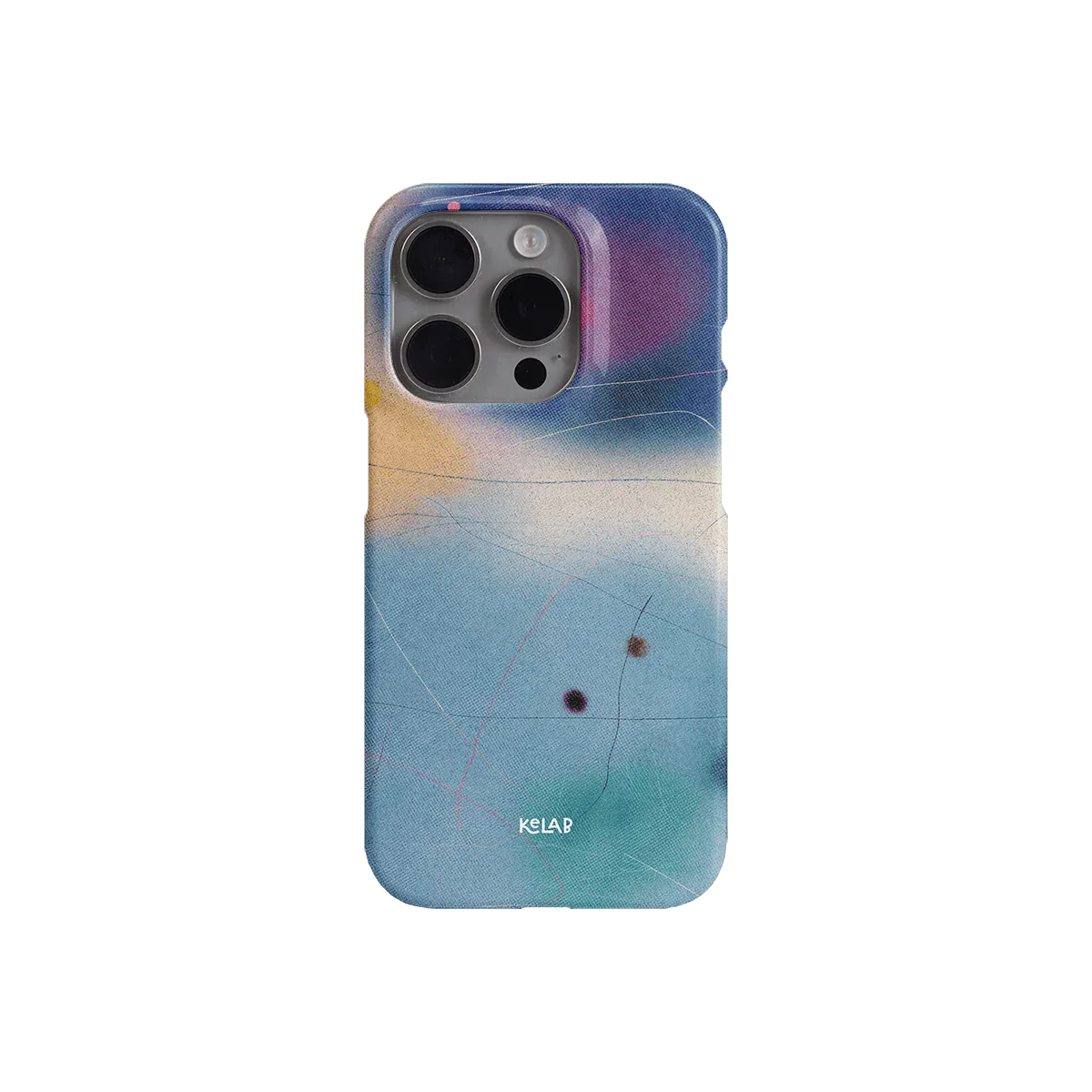 Back view of KELAB's Endorphins Series iPhone case with calming blue tones and artistic abstract pattern for a stylish look.
