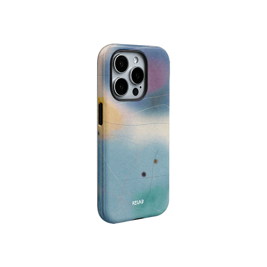 Designer style iPhone case in calming blue tones with abstract art and textured look, part of KELAB's Endorphins Series.