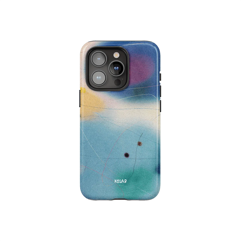 Colorful blue iPhone case from KELAB's Endorphins Series featuring abstract gradient design with minimalist artistic patterns.