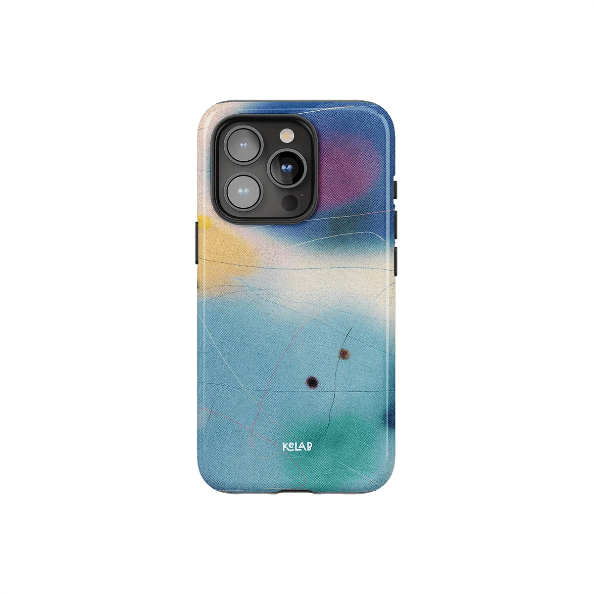 Colorful blue iPhone case from KELAB's Endorphins Series featuring abstract gradient design with minimalist artistic patterns.