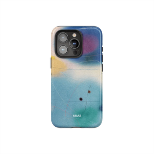 Colorful blue iPhone case from KELAB's Endorphins Series featuring abstract gradient design with minimalist artistic patterns.