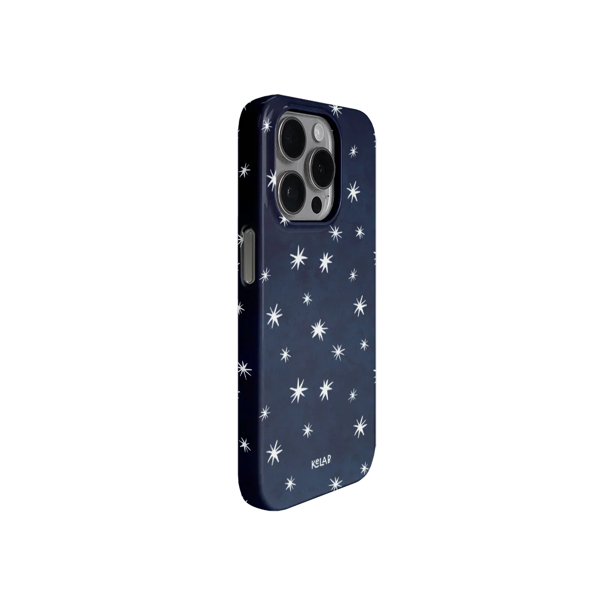 Angled view of Starglimmer phone case showing celestial star pattern and glossy finish. Designed for style and all-around phone protection.
