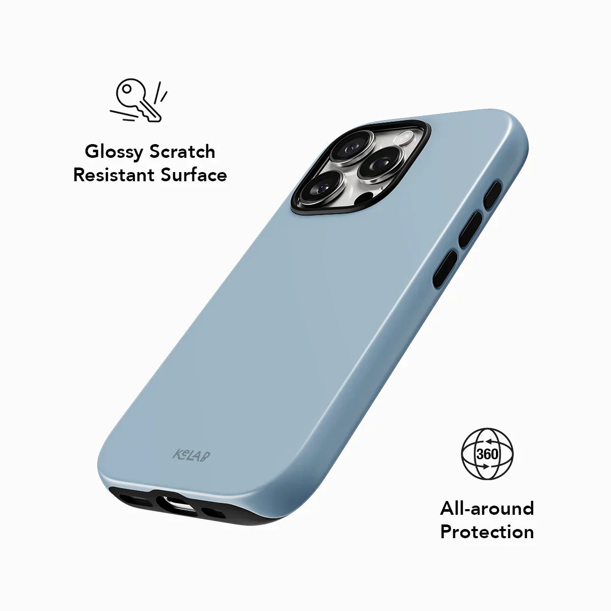 Glossy scratch-resistant KELAB blue phone case offering 360-degree all-around protection in a minimalist solid color design.