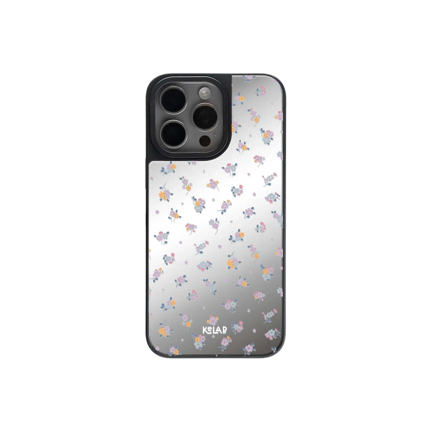 KELAB Purple Flower Phone Case with mirror back and dreamy blue butterfly design for iPhone, featuring a glossy reflective surface.
