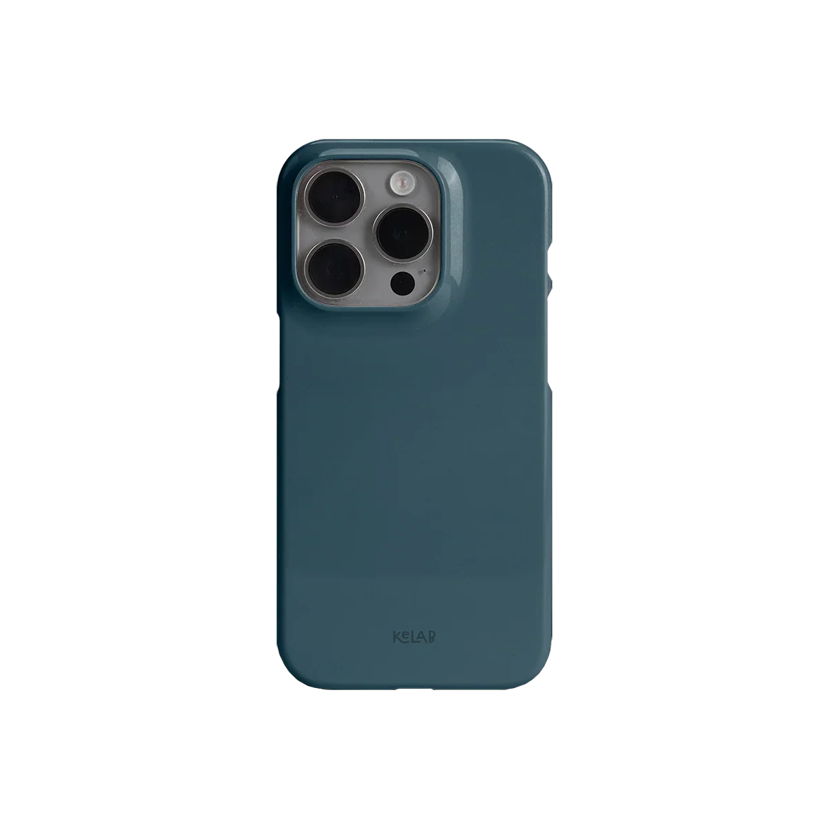 Solid teal blue iPhone case by KELAB with glossy finish, showcasing rear view and snug fit for camera protection and style.