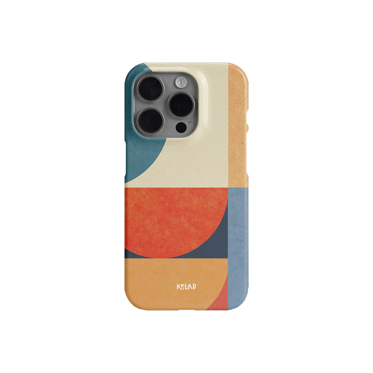 Minimalist iPhone case with Bauhaus color blocks in red, navy, and beige. Durable and artistic phone accessory by KELAB.