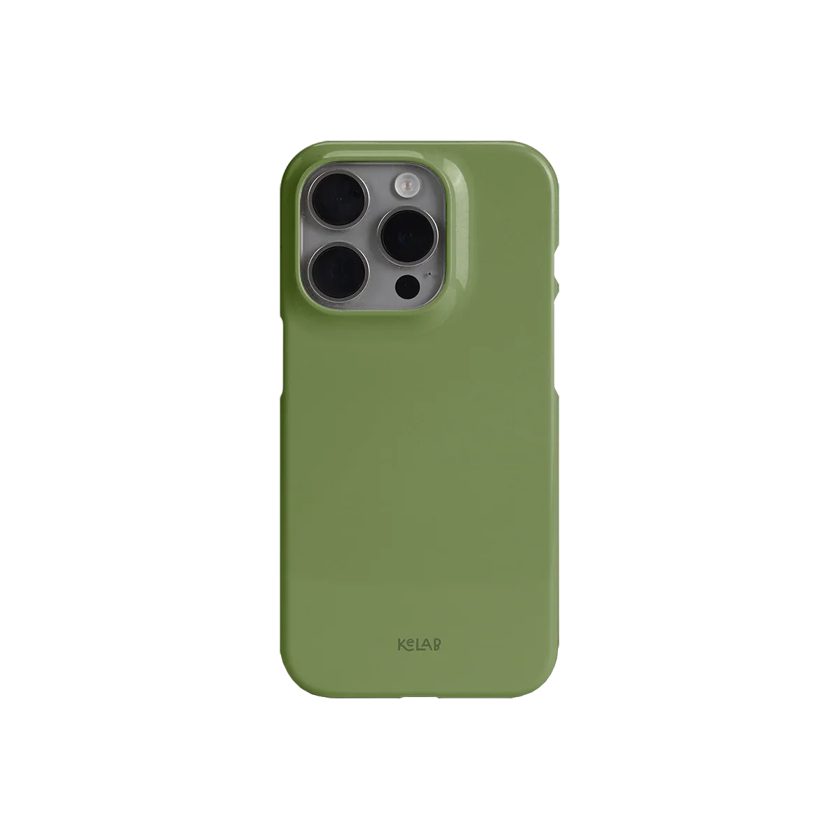 Glossy olive green iPhone case by KELAB with minimalist solid color design and snug fit for camera and button cutouts.