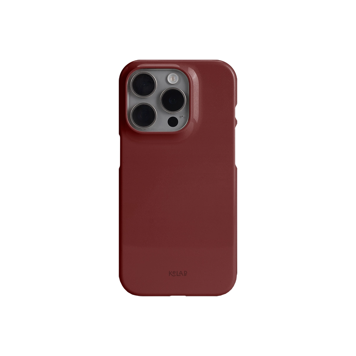 Back view of KELAB Terracotta Heat red phone case with glossy finish and precise camera cutout for iPhone protection.