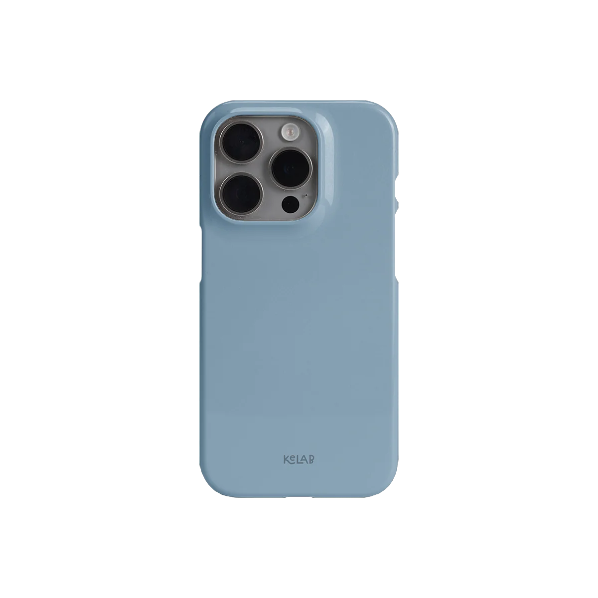Glossy solid sky blue KELAB phone case with camera cutout and smooth finish, designed for iPhone protection and elegance.