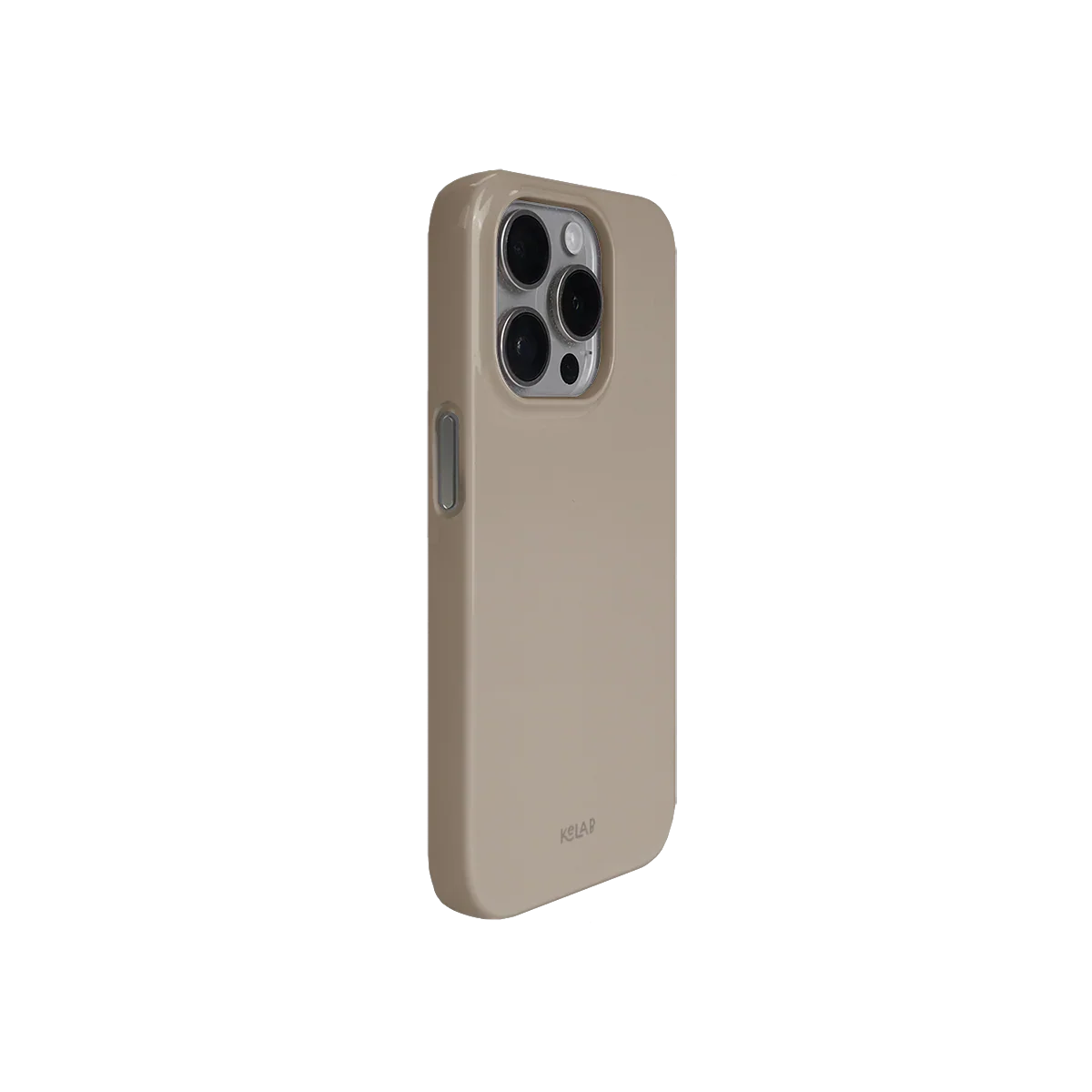 Angled view of KELAB's beige minimalist phone case showing sleek design, camera cutout, and side button coverage for iPhone protection.