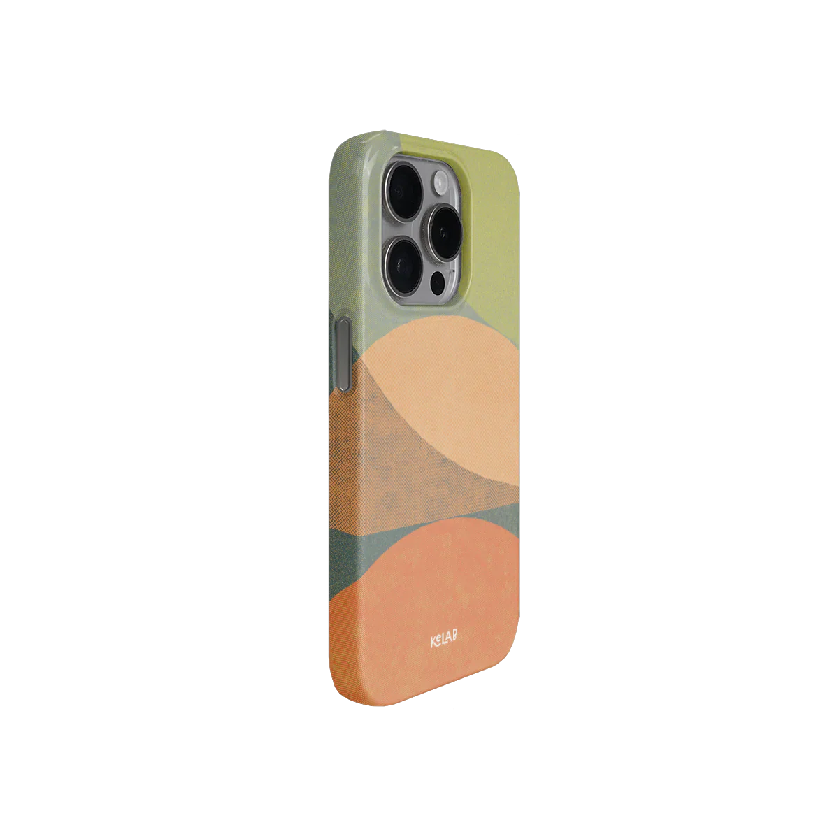 Angled view of Olive Arc Mood Modular Phone Case highlighting modern nature-inspired design and sleek fit for iPhone.