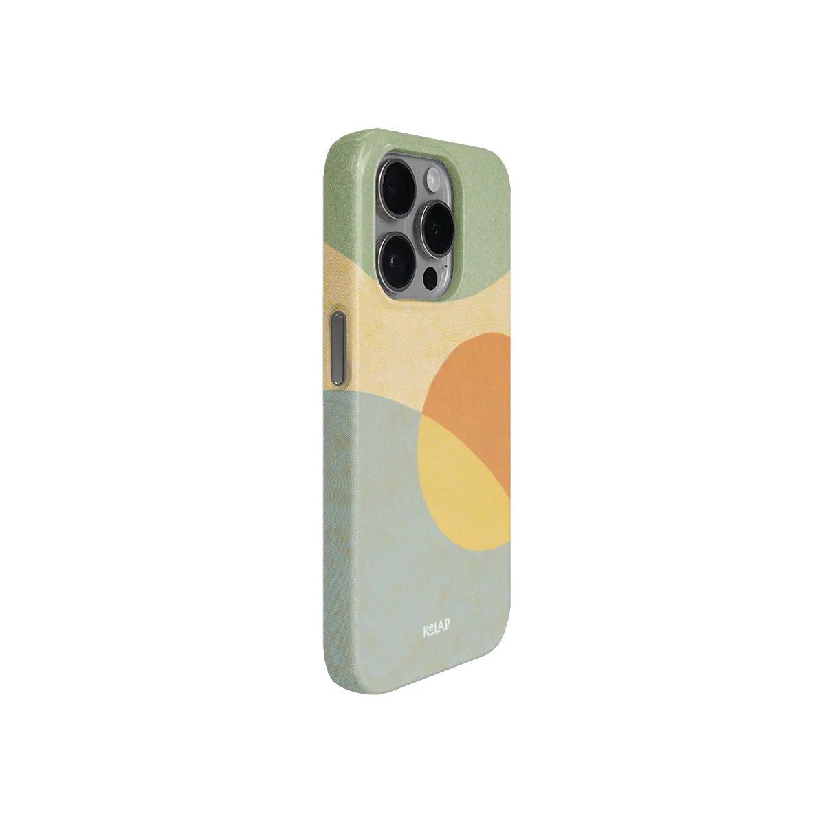 Angled view of Pastel Orbit | Mood Modular Phone Case with minimalist pastel curves in green, yellow, and orange. Stylish protection for iPhones.