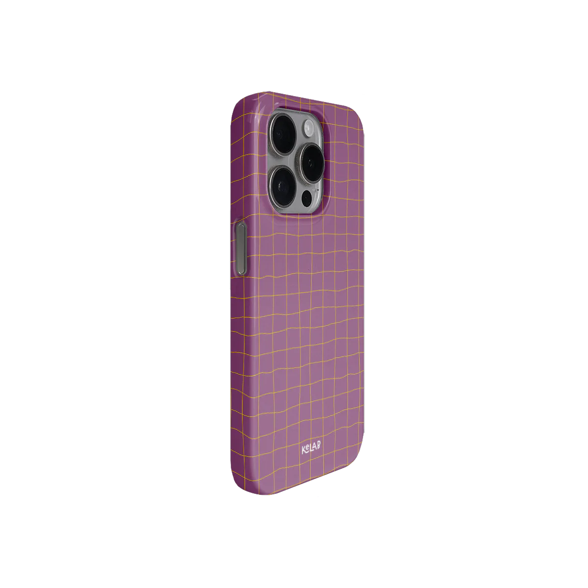 Angled view of KELAB pink yellow grid phone case with precise cutouts and soft glossy finish, ideal for editorial-style accessories.