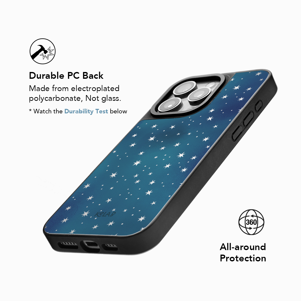 Starry Blue iPhone Reflective Mirror Case by KELAB with durable polycarbonate back and all-around protection. Features a celestial star pattern on a deep blue gradient.