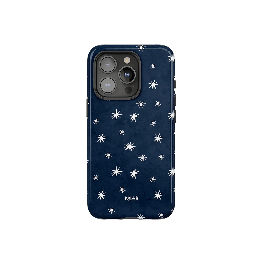 Starry Blue Phone Case – Sleek & Minimalist design with hand-drawn white stars on deep blue background for iPhone. Durable and stylish protection.