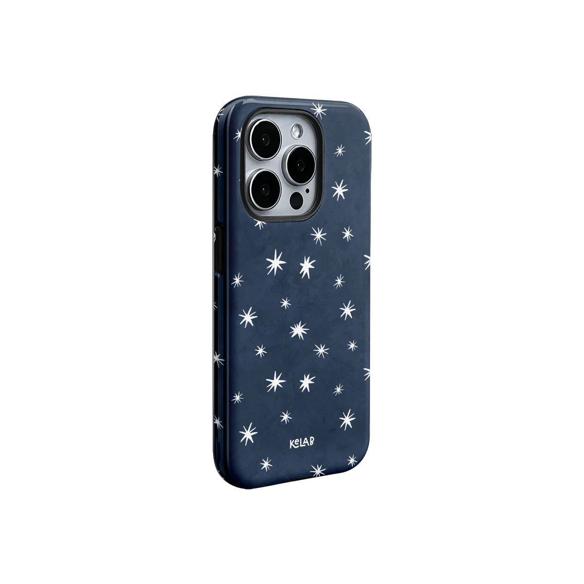 Deep blue iPhone case with abstract white star pattern and glossy finish. Minimalist celestial style by KELAB for modern phone protection.