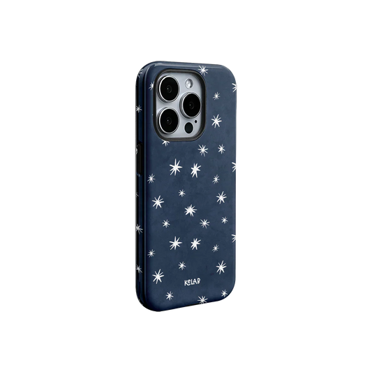 Deep blue iPhone case with abstract white star pattern and glossy finish. Minimalist celestial style by KELAB for modern phone protection.