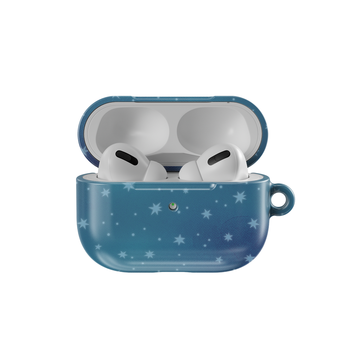 Blue Starry AirPods Case for Dreamy, Celestial Aesthetic by KELAB shown open with AirPods Pro inside, featuring a glossy starry night design.