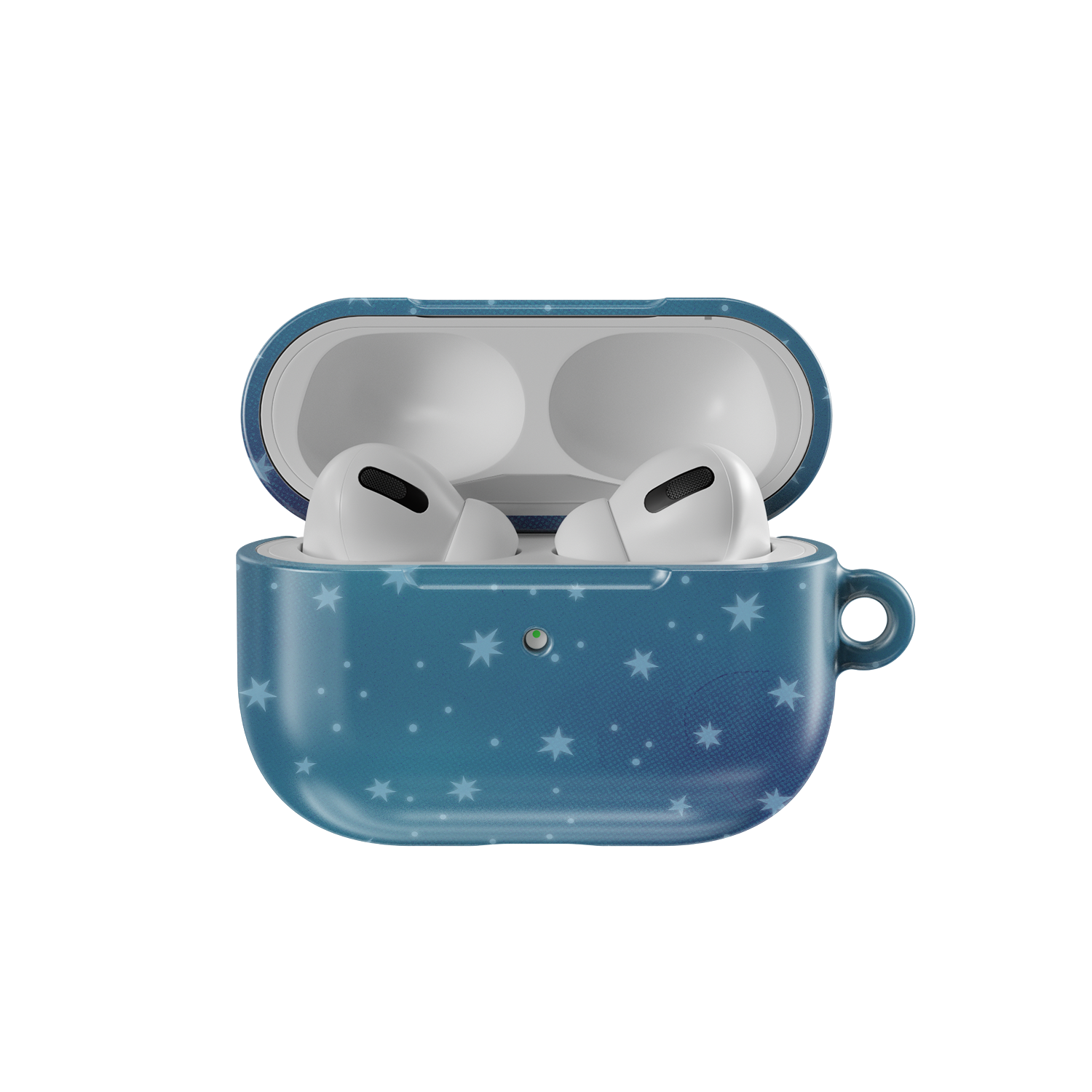 Blue Starry AirPods Case for Dreamy, Celestial Aesthetic by KELAB shown open with AirPods Pro inside, featuring a glossy starry night design.