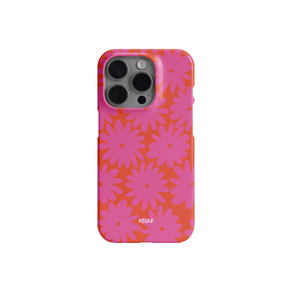 KELAB Sunflare Daisy phone case with retro pink floral print on orange. Sleek and protective design for modern smartphones.