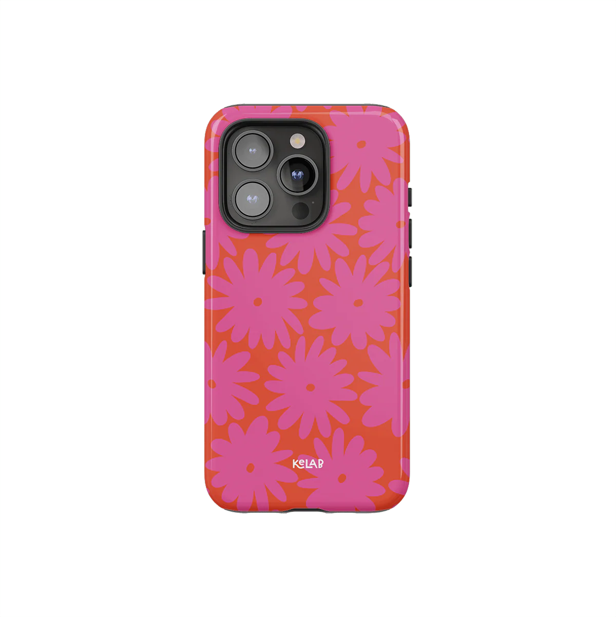 Retro Floral Phone Case – Pink Summer Style by KELAB featuring bold magenta daisy prints on a vibrant orange background. Perfect for a stylish summer upgrade.