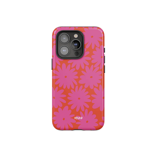 Retro Floral Phone Case – Pink Summer Style by KELAB featuring bold magenta daisy prints on a vibrant orange background. Perfect for a stylish summer upgrade.