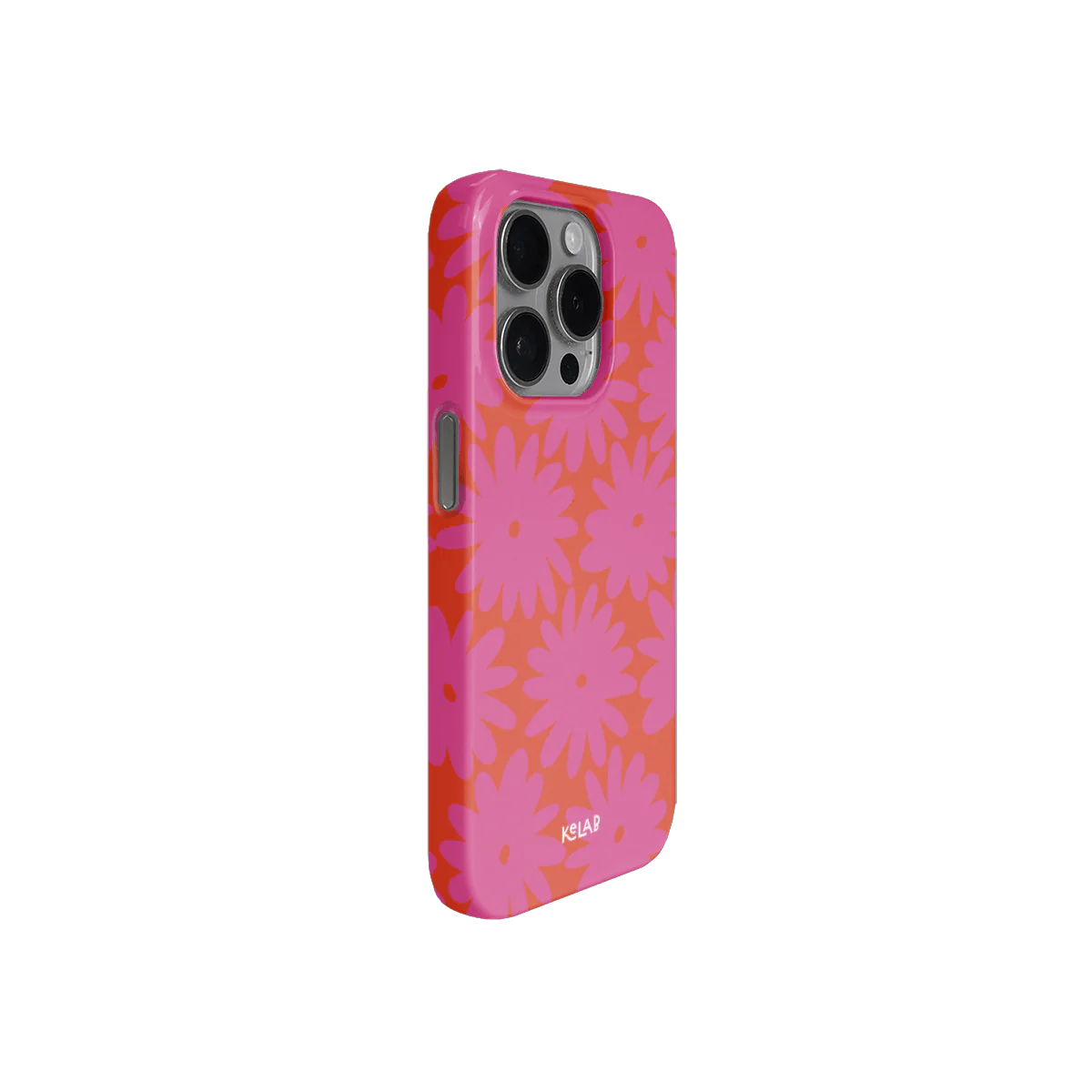 Angled view of retro floral phone case in magenta and orange. Stylish and protective accessory for summer-ready smartphones.