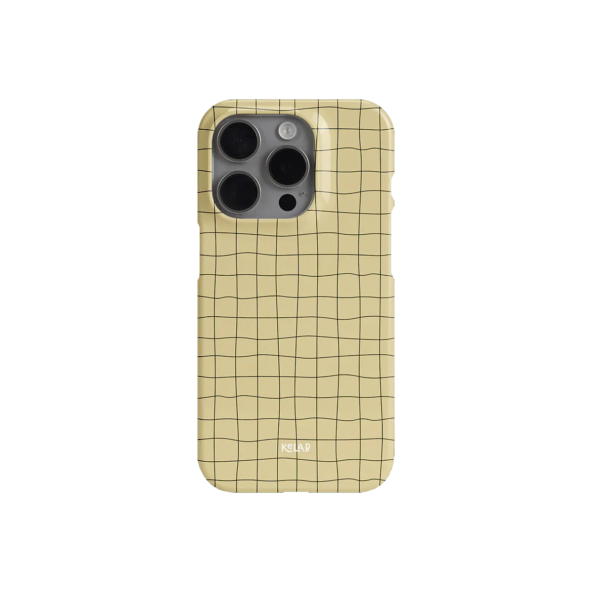 Butter yellow iPhone case with subtle grid lines and KELAB branding. Clean, abstract design for a fresh everyday accessory.