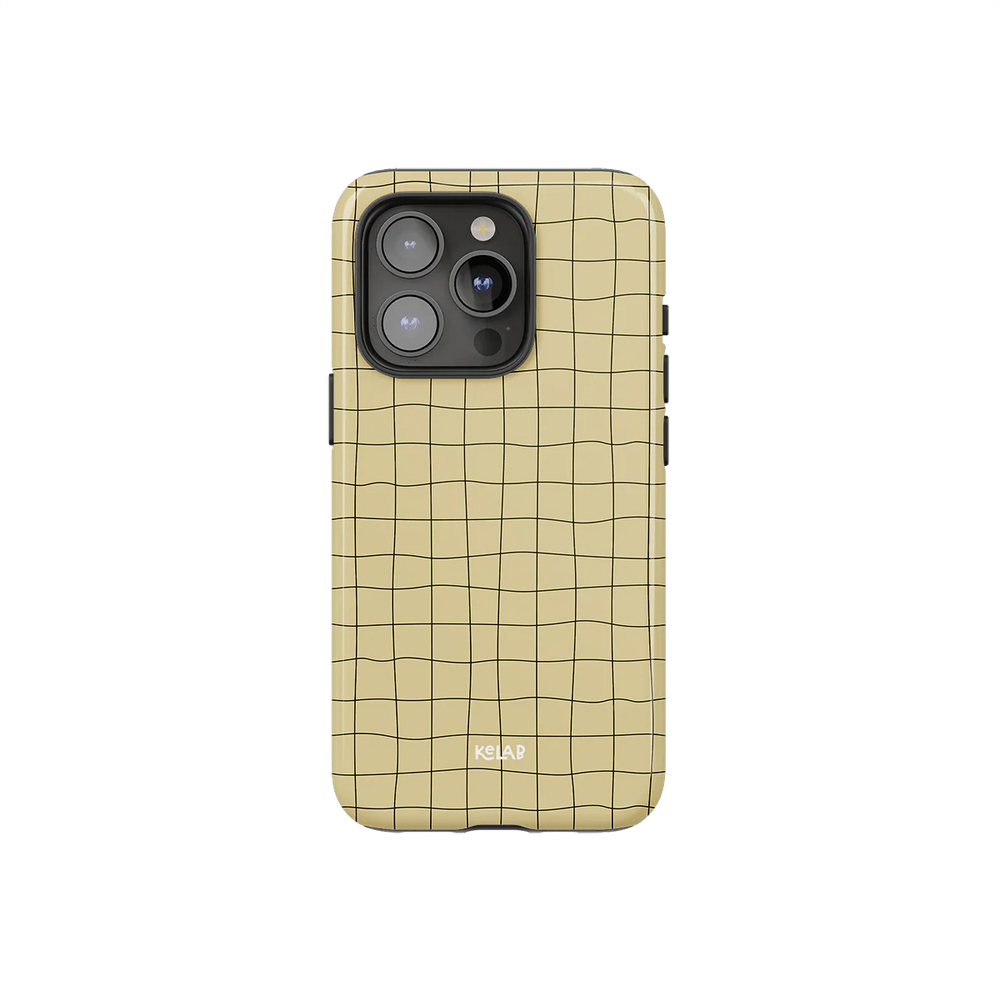 Subtle striped phone case in butter yellow with abstract grid pattern for iPhone. Minimalist pastel design by KELAB for a cheerful look.