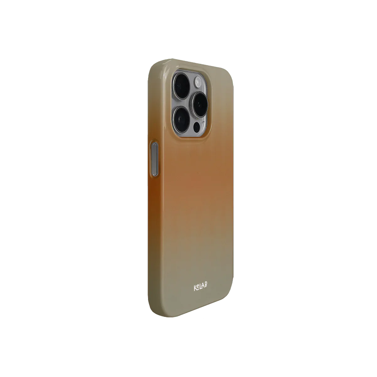 Angled view of KELAB’s designer orange phone case with golden gradient, combining sleek aesthetics with durable mobile protection.