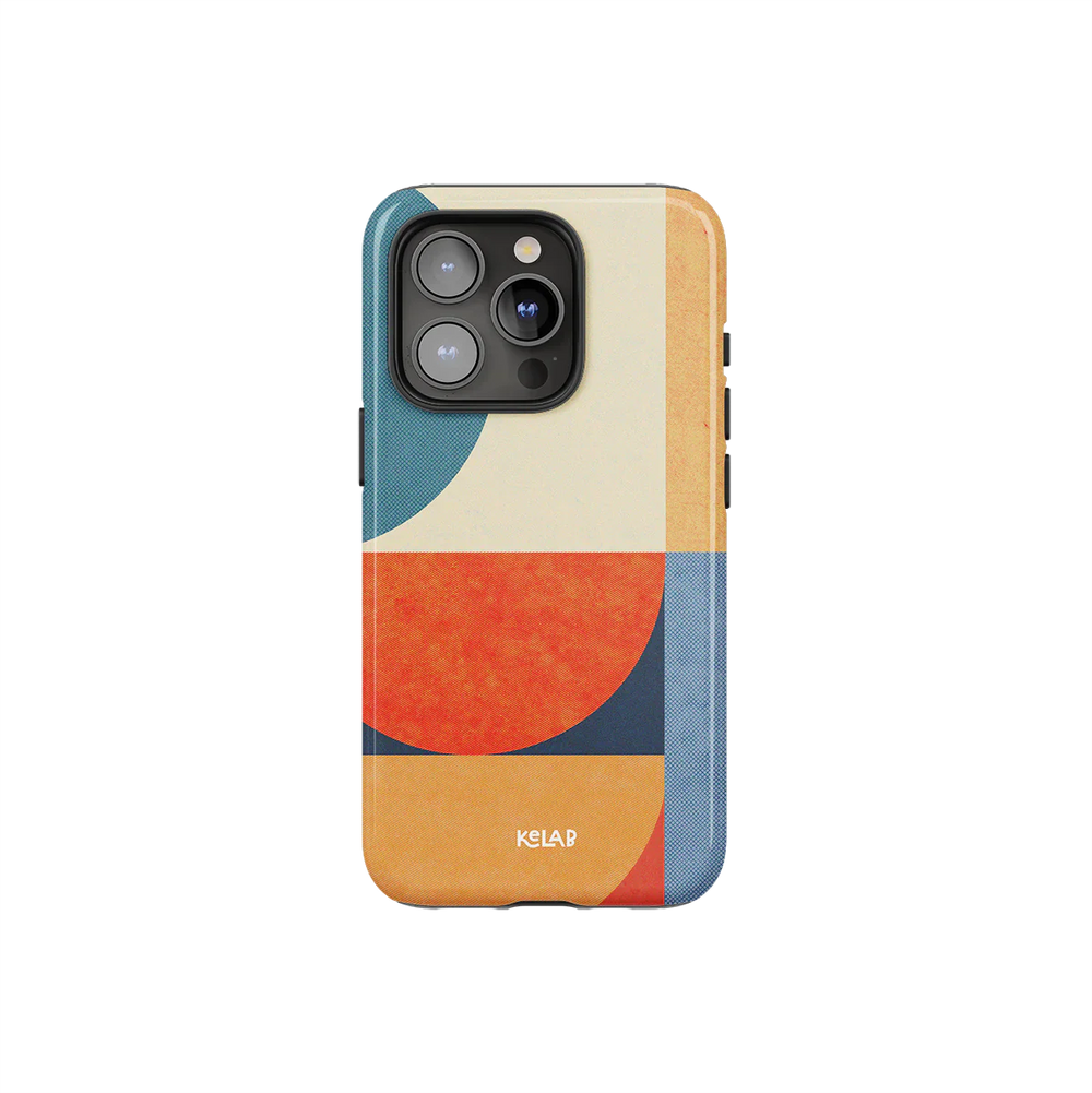 Colorful Geometric iPhone Case with Bauhaus aesthetics featuring red, navy, and cream color blocks. Sleek design by KELAB for modern smartphones.