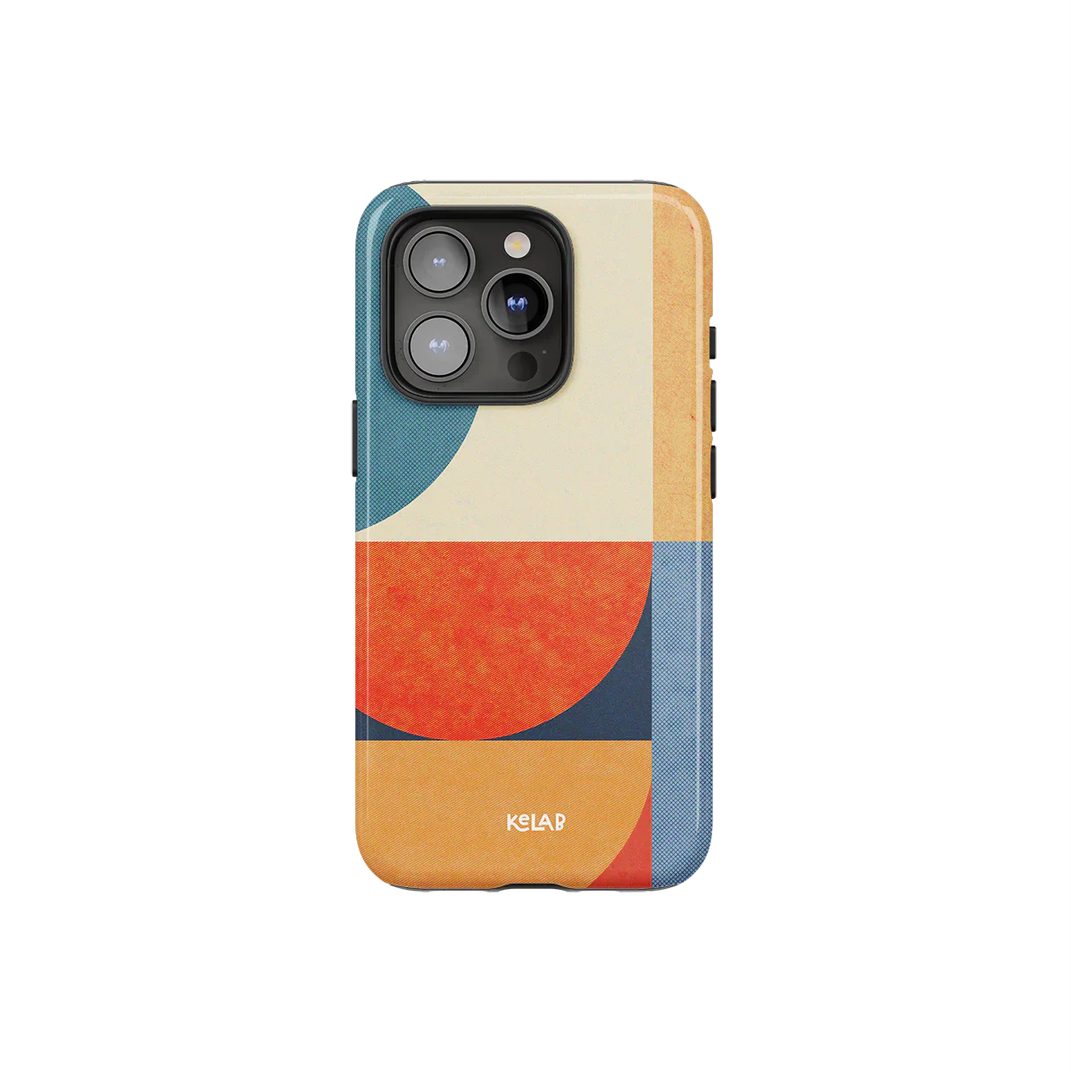 Colorful Geometric iPhone Case with Bauhaus aesthetics featuring red, navy, and cream color blocks. Sleek design by KELAB for modern smartphones.
