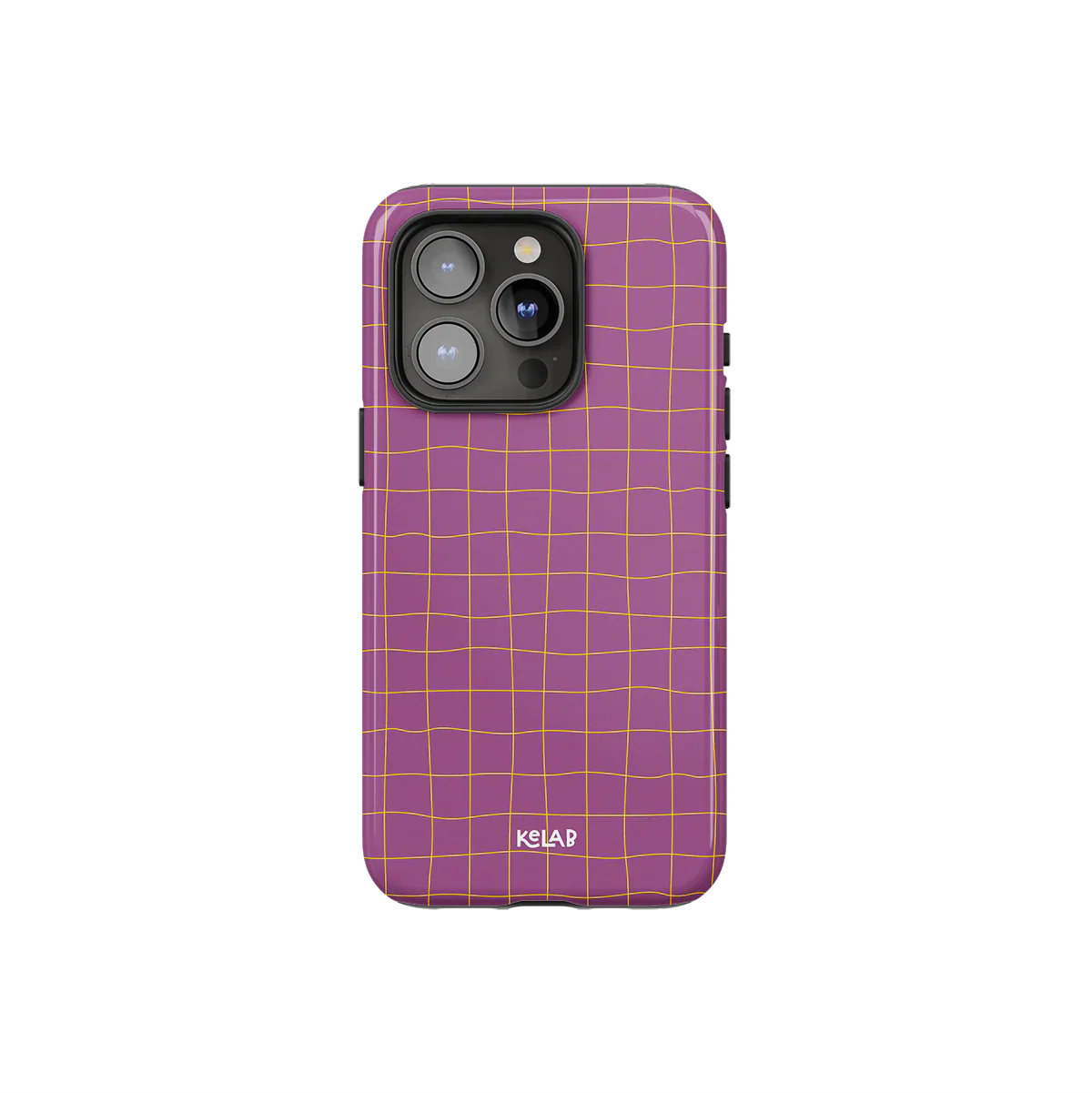 Subtle striped phone case in soft mauve-pink with orange grid lines by KELAB, designed for iPhone with camera cutout and sleek finish.