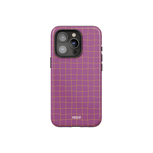 Subtle striped phone case in soft mauve-pink with orange grid lines by KELAB, designed for iPhone with camera cutout and sleek finish.